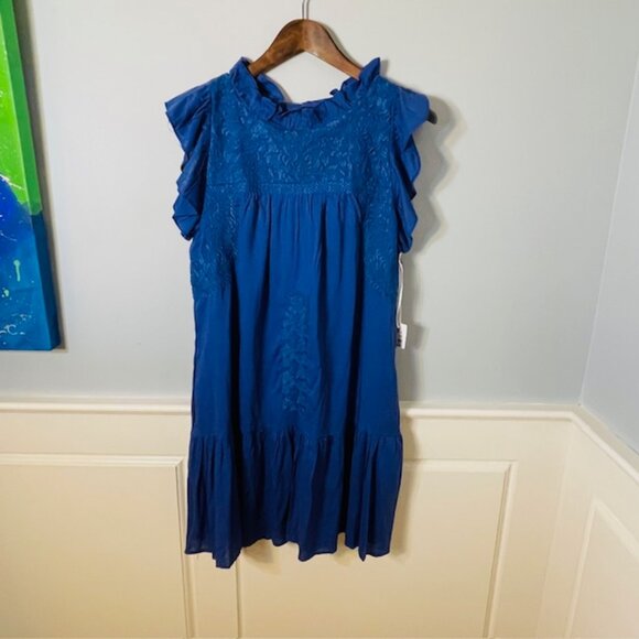 J. Marie Embroidered Ruffled Flutter Sleeve Tiered Dress NWT Cobalt Blue XS - Picture 4 of 9